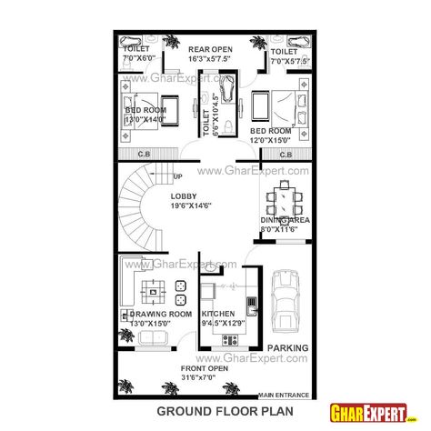 House plan of 30 feet by 60 feet plot 1800 squre feet built area on 200 yards plot - GharExpert.com 30 60 Feet House Plan, 60 House, Shop Interior Design Clothes, Home Map Design, Floor Plan Ideas, Hotel Bedroom Design, Home Map, Plot Plan, House Front Door Design