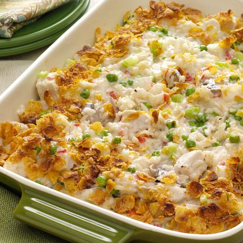 Potluck Chicken Casserole Recipe -Folks go back for seconds of this meal-in-one casserole with its down-home flavor, rich sauce and golden topping. I always bring home an empty dish. -Ruth Andrewson, Leavenworth, Washington Best Chicken Casserole, Cauliflower Casserole Recipes, Chicken Casseroles, Chicken Casserole Easy, Chicken Tikka Masala Recipes, Rice Casserole Recipes, Sweet Potato Recipes Casserole, Healthy Potato Recipes, Potatoe Casserole Recipes