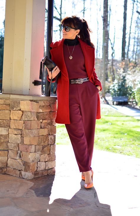 Jumpsuit street style Maroon Jumpsuit Outfit, Burgundy Jumpsuit Outfit, Jumpsuit With Jacket, Maroon Jumpsuits, Burgundy Jumpsuit, Wardrobe Color, Overall Outfit, Small Wardrobe, Wedding Jumpsuit