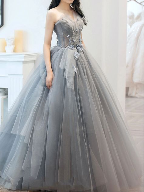 Gray Formal Dress, Tulle Long Prom Dress, Grey Evening Dresses, Strapless Evening Dress, Strapless Prom Dresses, Long Prom Gowns, Tulle Ball Gown, Evening Dress Fashion, Custom Size Dresses