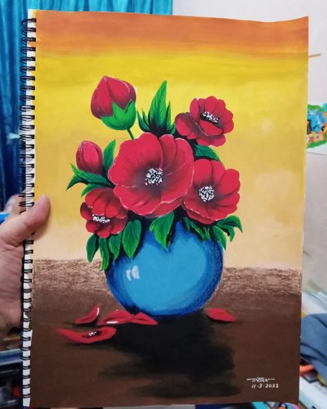 Oil Pastel Colours Painting, Simple Poster Colour Painting, Easy Poster Colour Paintings, Oil Pastel Colour Drawing, Poster Colour Drawing, Poster Colour Painting, Flower Vase Drawing, Painting Sheets, Poster Color Painting