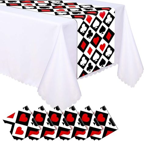 Amazon.com: Peryiter 6 Pcs Plastic Casino Poker Table Runners 14" x 108" Las Vegas Party Decoration Casino Night Theme Birthday Party Supplies Disposable Table Runner for Game Playing Card (Cute) : Home & Kitchen Casino Night Centerpiece Ideas, Vegas Party Decor, Night Theme Birthday Party, Casino Themed Centerpieces, Las Vegas Party Decorations, Vegas Party Decorations, Vegas Theme Party, Rectangle Tables, Night Theme