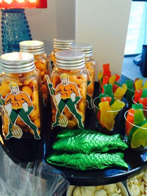 Aquaman treats at a superhero birthday party! See more party planning ideas at CatchMyParty.com! Justice League Party Food, Super Villain Party, Aquaman Party Ideas, Justice League Birthday Party Ideas, Aquaman Birthday Party Ideas, Aquaman Birthday, Aquaman Wallpaper, Justice League Birthday Party, Aquaman Party