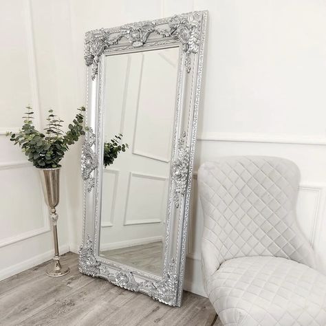 Reflecting in style ✨ Did you know that the strategic placement can make your home appear to look much bigger than it is? #MirrorMagic #ChicInteriors #SilverStyle #HomeDecorGoals #InteriorInspo #ChicHomeInterior Bevel Mirror, Leaning Mirror, Baroque Frames, Silver Wall Mirror, Cheval Mirror, Entryway Mirror, Luxury Mirror, Makeover Bedroom, French Mirror