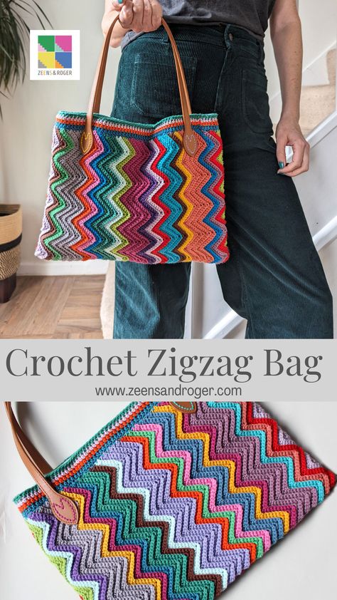 Uncinetto Zig Zag, Sac Granny Square, Zig Zag Crochet, Tote Crochet, Handbags Patterns, Yarn Ideas, Chevron Crochet, Crocheting Patterns, Confection Au Crochet