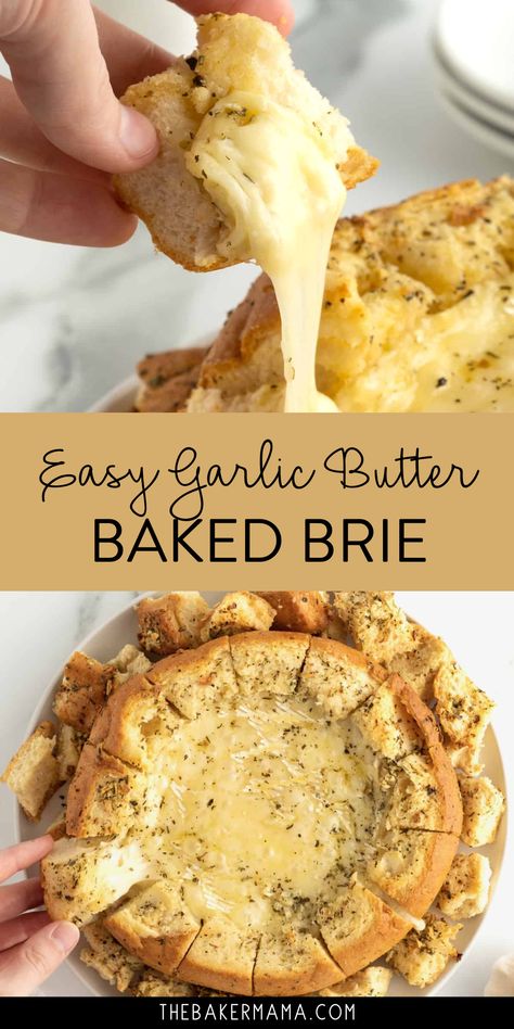 Easy Garlic Butter Baked Brie in a Bread Bowl is a simple, appealing and indulgent appetizer everyone will enjoy. Serve up anything but the ordinary with this incredible new appetizer. Creamy brie brushed with seasoned garlic butter and baked in a sourdough loaf–wow! This Garlic Butter Baked Brie in a Bread Bowl is indulgent and delicious and effortless. It’s unbrielievable! Garlic Butter Brie Bread, Brie Cheese Bowl Recipes, Garlic Butter Baked Brie In A Bread Bowl, Brie Garlic Dip, Sourdough Bowl Dip, Brie Sourdough Bowl, Baked Brie In Sourdough Bread, Bread Brie Bowl, Garlic Prosciutto And Hot Honey Baked Brie Bread Bowl