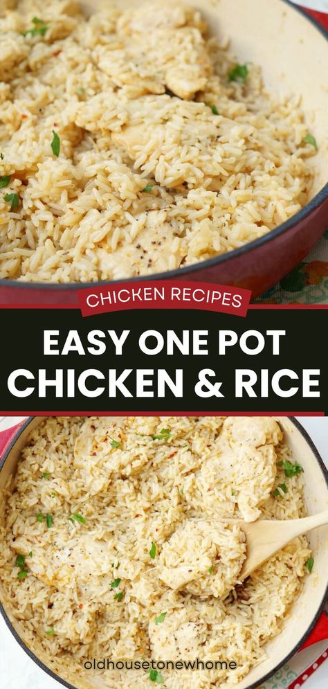 Chicken and rice is a classic combination, and this version has lots of fresh garlic and parmesan cheese. So much flavor in one pan! Chicken And Rice Stovetop, Garlic Chicken And Rice, Easy Chicken Dinner, Chicken Dinner Recipe, Chicken Rice Recipes, Easy Chicken And Rice, One Pan Chicken, Stove Top Recipes, Easy Chicken Dinner Recipes