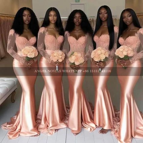 Long Sleeves Mermaid Peach African Bridesmaid Dresses Wedding Party Gowns vestido de festas elegante casamento - AliExpress 320 Mermaid Long Bridesmaid Dresses With Sleeves, Wedding No Bridesmaids, Bridesmaid Elegant Dresses, Long Sleeved Bridesmaids Dresses, Long Sleeve African Dress, Blush Bridesmaid Dresses Black Women, Pink Bridal Shower Outfit For Guest, Wedding Made Of Honor Dresses, Rose Gold Bridesmaid Dress Black Women