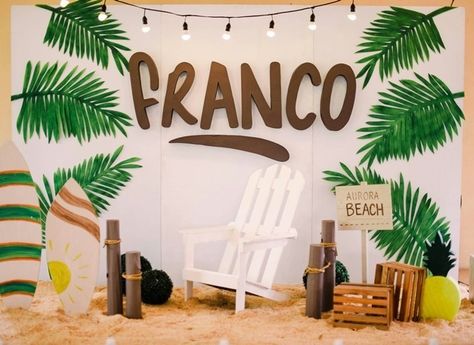 Franco’s Tropical Surf Themed Party – 1st Birthday Beach Decorations Party, Surf Themed Party, Summer Theme Party, Beach Theme Party Decorations, Surf Birthday Party, Beach Theme Party, Surf Birthday, Tropical Theme Party, Tropical Birthday Party