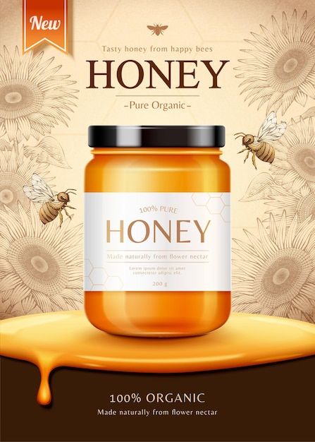 Sunflower honey ad | Premium Vector #Freepik #vector #honey-poster #honey-mockup #honey-bottle #honey-jar Honey Photography, Pure Honey, Organic Honey, Fashion Wallpaper, Social Media Design, Premium Vector, Graphic Resources, Poster Design, Sunflower