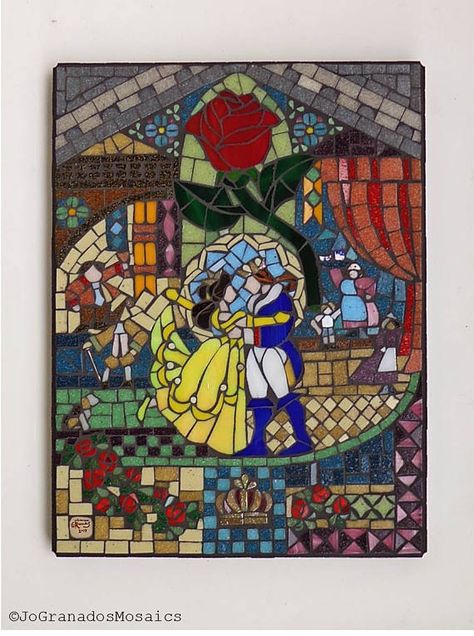 SOLD! Beauty and the Beast Mosaic Wall Art inspired by the 1991 Disney Movie Stained Glass Window (12x16 inches) Made with vitreous glass tiles and stained glass on a wood panel #BeautyAndTheBeast #Mosaic #GlassMosaic #JoGranadosMosaics #JohannaGranados Beauty And The Beast Mosaic, Disney Mosaic, Glass Art Installation, Glass Broken, Glass Art Products, Disney Cards, Painted Glass Art, Mosaic Tile Art, Glass Mosaic Art