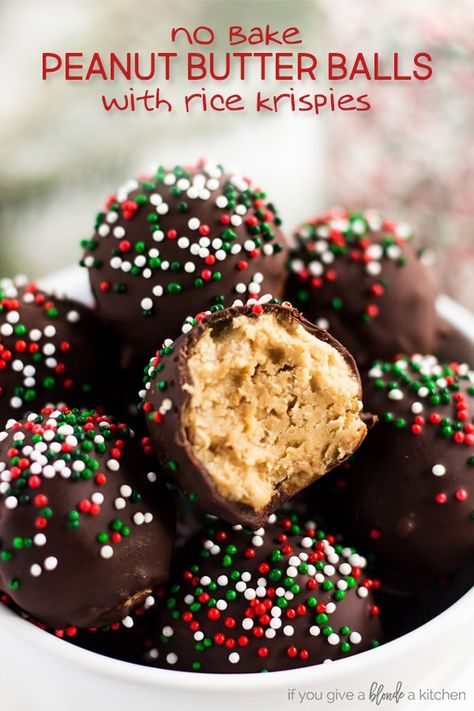 No bake peanut butter balls are made with five ingredients⁠—peanut butter, butter, Rice Krispies, confectioners' sugar and chocolate. They are easy to make for Christmas and holiday entertaining. | www.ifyougiveablondeakitchen.com via @haleydwilliams Diabetics Desserts, No Bake Peanut Butter Balls, Peanut Butter Balls Easy, Peanut Butter Balls Recipe, Homemade Peanut Butter Cups, No Bake Peanut Butter, Peanut Butter Chocolate Bars, Butter Balls, Best Peanut Butter