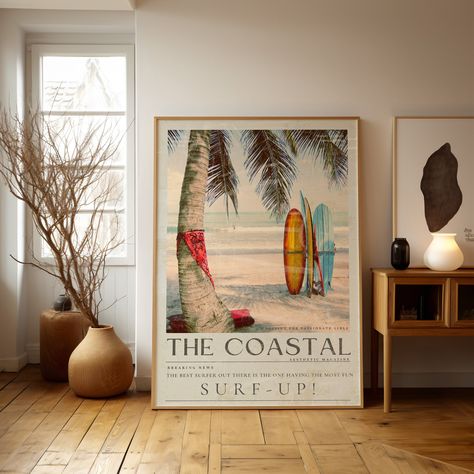 "Hi, Welcome to VenusArtPosters!🌸  * Are you  looking to add a unique, personal touch to your wall decor?   This Coastal Surf up Cowgirl Vintage 70's Newspaper Print is the perfect solution!  Chic Beach Surfer Poster is best gift for Surfer.   Coastal Life Surf Board wall art is high definition print.    Discover our  wall art collection of instantly downloadable, digital files on VenusArtPosters. Embrace the artistic vibes with our unique collection of digital prints. Enhance your space or create stunning crafts with these eye-catching designs These high-quality prints are available in a variety of retro, fashion, psychedelic, aura, funky, line art, and many other artistic styles    These are prints create a dynamic, eye-catching display that will be sure to impress you and your guests. Beach House Decor Coastal Style Living Rooms, Trending Wall Art Prints, Vintage Surf Art, 70s Surf Aesthetic, Surf Up, Surf Living Room, Retro Beach Art, Bedroom Art Prints, Newspaper Wall Art