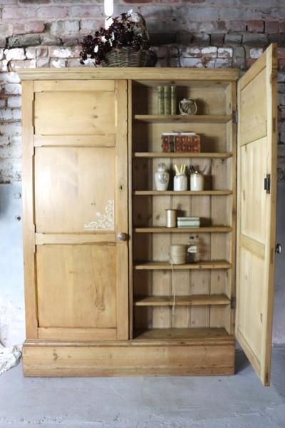 Wonderful Large Original English Pine Larder Or Linen Cupboard From A Lincolnshire Chapel | Vinterior Vintage Linen Cupboard, Rustic Cottage Kitchens, Lakehouse Kitchen, Utility Room Storage, Brunswick House, Bungalow Kitchen, Kitchen Larder, Larder Cupboard, Antique Cupboard