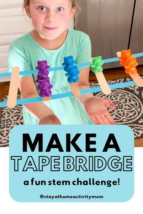 Using just a few supplies around the house, you can challenge your child to make a tape bridge. This fun preschool STEM activity by Stay at Home Activity Mom focuses on problem-solving, fosters curiosity and creativity, and works on fine motor skills! Click to see the activity in action and learn more today. Bridge Preschool Activities, Challenges For Preschoolers, Steam Challenges For Preschool, Pre K Enrichment Activities, Engineer Activities For Preschool, Prek Outside Activities, Stem Week Preschool, Preschool Stem Building Activities, Camping Stem Activities For Preschool