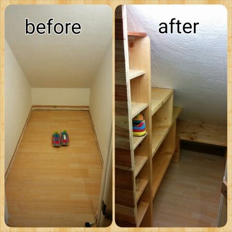 Building out storage for closet under the stairs. This difficult space made useful with custom shelving we built with Douglas Fir, redwood and pine. Plus cedar shelves just for shoes! Under Stairs Cupboard Storage, Cedar Shelves, Storage For Closet, Under Stairs Space, Closet Under The Stairs, Room Under Stairs, Closet Under Stairs, Stairs Renovation, Staircase Storage