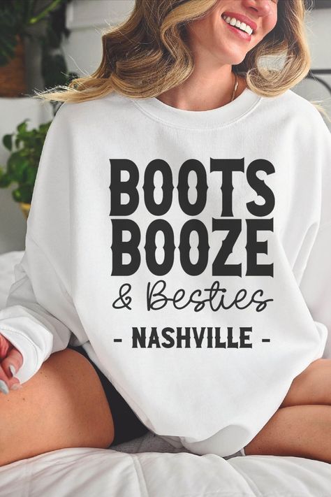 Looking for the perfect way to kick off your Nashville bachelorette party for a memorable girls trip matching shirts? Look no further than these hilarious, cowgirl-inspired boots! With a Boots Booze andd Besties custom sweatshirt and some delicious booze, you'll have everything you need to make this weekend unforgettable. Plus, our matching bachelorette shirt is the perfect finishing touch! Nashville Bachelorette Party Winter, Nashville Bday Party, Nashville Bach Party Shirts, Nashville Bach Theme, Nashville Birthday Weekend Outfits, Nashville Shirts Ideas, Bachelorette In Nashville, Nashville Bachelorette Party Outfit Bride, Bachelorette Party Outfit Nashville