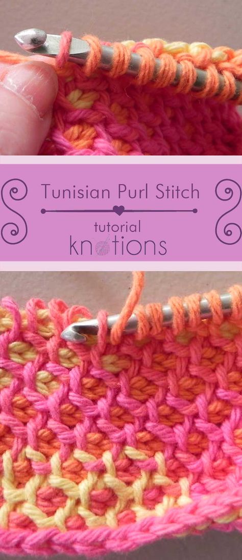 [tutorial] Tunisian Purl Stitch (tps) - knotions Tunisian Crochet Patterns, Tunisian Crochet Stitches, Confection Au Crochet, Picture Tutorial, Crochet Stitches Free, Crochet Geek, Purl Stitch, Crochet Diy, Crochet Motifs