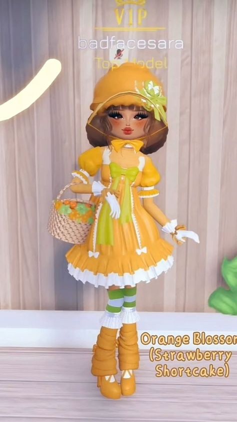 Dti Strawberry Shortcake Theme, Classy Demure Mindful, Orange Strawberry Shortcake, Strawberry Shortcake Dress To Impress, Fashion Icon Dress To Impress, Dti Cosplay Fits, Orange Blossom Strawberry Shortcake, Fruitful Fashion, Strawberry Shortcake Orange Blossom