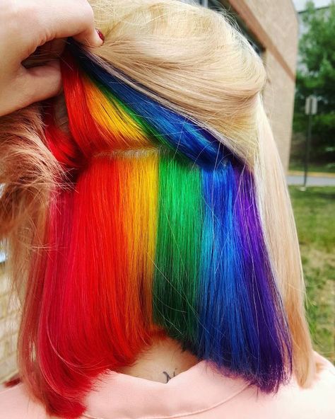 Contemporary hair dye trends have women transforming their natural-colored locks… Hidden Rainbow Hair, Underlights Hair, Rainbow Hair Color, Multi Colored Hair, Hair Color Pastel, Colored Hair, Hair Dye Colors, Rainbow Hair, Cool Hair Color