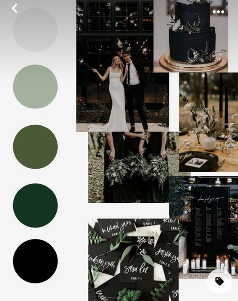 Emerald Sage And Black Wedding, Midnight Green Wedding Color Combos, Modern Wedding Green, Dark Green And Navy Wedding Decor, Green And Black Wedding Color Palette, Modern Industrial Wedding Color Palettes, Wedding Colors Black And Green, Black Hunter Green And Gold Wedding, Winter Wedding Colors Black