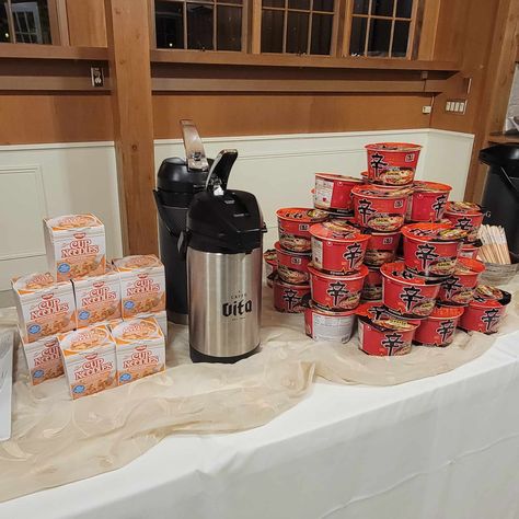 Buffet table with cup noodles and hot water dispenser. Wedding Late Snack, Wedding Food Late Night, Wedding Reception Late Night Food, Diy Late Night Snacks Wedding, Cheap Late Night Wedding Snacks, Late Night Snacks Wedding Receptions, Late Night Snacks Wedding, Late Night Wedding Food, Wedding Late Night Snack Ideas