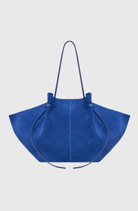 The Large Mochi bag with Blue Suede and leather handles. Modern Bag, Diy Handbag, Large Wallet, Leather Cross, Big Blue, Leather Handles, Blue Suede, Exclusive Bag, Soft Suede