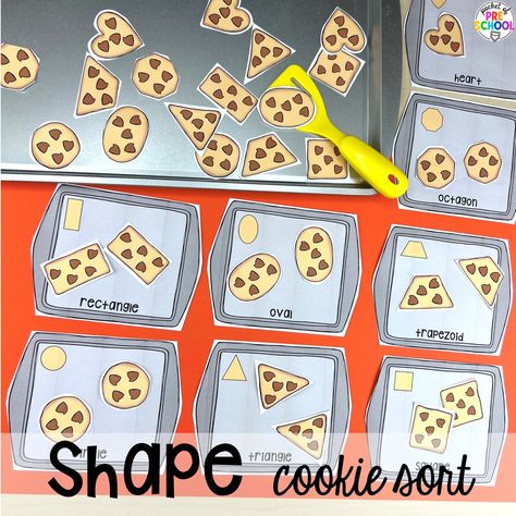 Shape cookie sort plus more baking activities and centers designed for preschool, pre-k, and kindergarten. These are perfect for a holiday, bakery, or sweet treat theme. Sorting Centers For Preschool, Giving Preschool Activities, Bakery Activity Preschool, Kindergarten Baking Activities, Pre K Project Ideas, Prek Letter A Activities, Dessert Theme Preschool Activities, Food Curriculum Preschool, Bakery Center Preschool