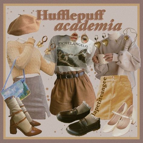 Hufflepuff Academia, Hufflepuff Lookbook, Hufflepuff Outfit, Light Academia Outfit, Hogwarts Outfits, Hufflepuff Aesthetic, Academia Style, Harry Potter Outfits, Study Aesthetic