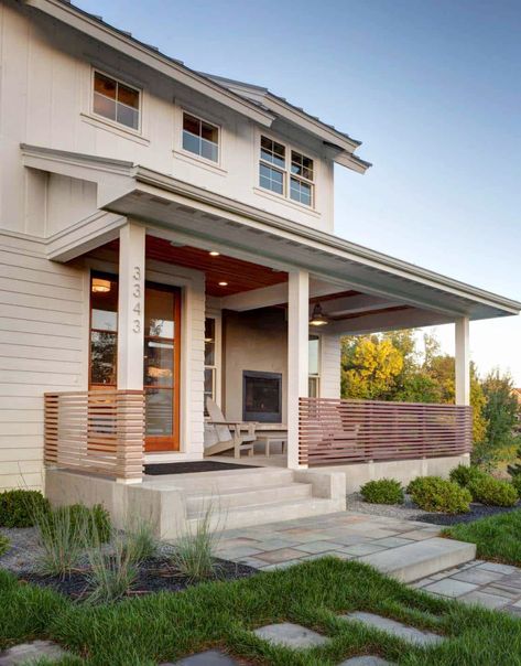 Dream Home on Prior Lake: When Contemporary Meets Farm House American Farmhouse Exterior, Porch Interior Design, Rustic Farmhouse Exterior, Modern Farmhouse Porch, Porch Railing Designs, Modern Front Porches, Modern Front Porch, Porch Interior, Farmhouse Porch Decor