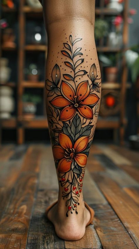 Female Lower Leg Tattoos, Tattoo Color Mujer, Illustrative Tattoo Sleeve, Astrology Tattoo Sleeve, Flores Tattoo Mujer, Small Color Tattoo, Tattoo Mujer, Tattoos For Women Flowers, Hand Tattoos For Women