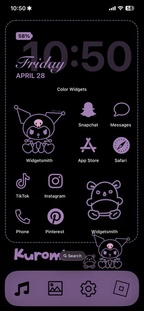 Homescreen layout || Kuromi Kuromi Layout, Kuromi Homescreen, Snapchat Message, Homescreen Layout, Hello Kitty Iphone Wallpaper, Iphone Layout, Home Screen, Phone Themes, Snapchat