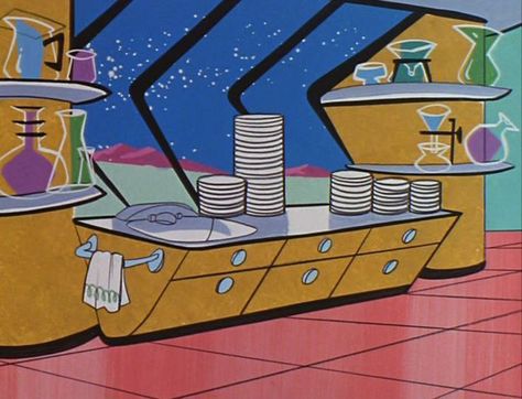 The Jetsons' kitchen Jetsons Aesthetic, Atomic Age Design, Googie Architecture, Mcm Art, Mid Century Illustration, Immersion Blender, The Jetsons, Kids Crafting, Atomic Age