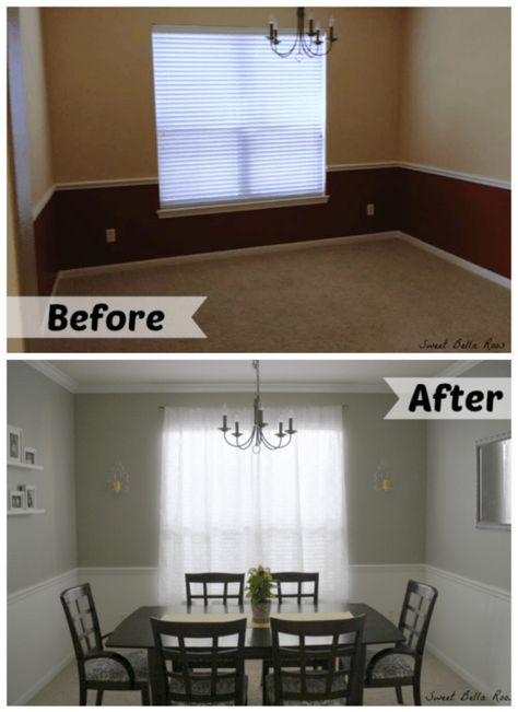 Dining room before and after- amazing what a little paint can do! Dining Room Paint, Dining Room Remodel, Dining Room Makeover, Room Transformation, Chair Rail, Room Remodeling, Dining Room Walls, After Photos, Decor Minimalist