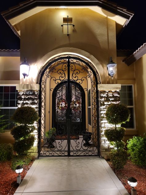 Security Entry gates, custom, rod iron Front Door Entry Gate Enclosure, Front Door Gates Entryway, Front Entrance Renovation, Front Entry Courtyard Ideas, House With Vestibule, Front Security Door Ideas, Front Door Iron Gate, Security Gates Entrance, Gated Front Door Entryway