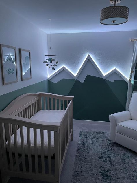 Modern Decor Inspiration, Attic Room Nursery Sloped Ceiling, Light Up Mountain Wall Decor, Coolest Nursery Ideas, Baby Boy Nursery Accent Wall Paint, Textured Walls Nursery, Gender Neutral Star Wars Nursery, Geometric Nursery Wall, Night Forest Nursery