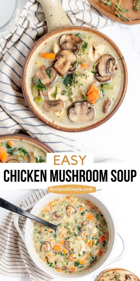 This easy Chicken Mushroom Soup is a comforting and flavorful dish that's easy to prepare. Made with simple ingredients like chicken, mushrooms, carrots, and spinach, this soup is hearty and delicious. Soup Mushroom Chicken, November Soup Recipes, Chicken Spinach Mushroom Soup, Mushroom Carrot Soup, Chicken Noodle Soup With Mushrooms, Crockpot Chicken And Mushroom Soup, Chicken Spinach Soup Recipes, Spinach Chicken Soup, Mushroom Soup Without Cream