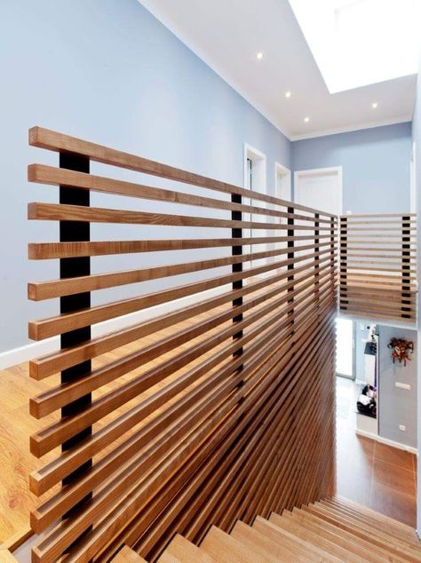 Slat Stair Railing, Balustrade Ideas Indoor, Wood Slat Railing, Japanese Railing, Slat Railing, Slat Stairs, Timber Balustrade, Wooden Balustrade, Build Stairs