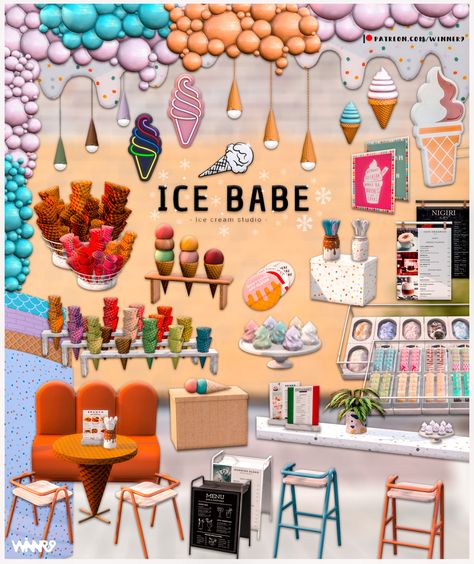 Ice babe: Collaboration with Katesimblr🌺🍧 Hi,... - WINNER9 Sims 4 Ice Cream Cc, Sims 4 Ice Cream Shop, Springfield Simpsons, Romance Decor, Ts4 Builds, Ice Cream Kids, Ice Cream Poster, Sims 4 Kitchen, Die Sims 4