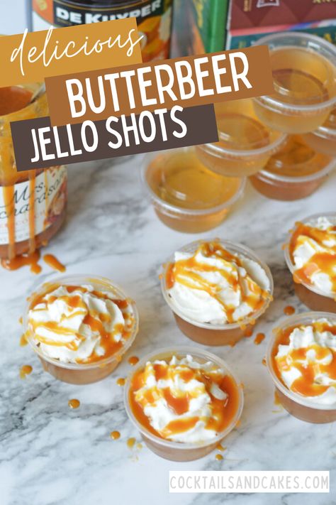 These delicious Butterbeer Jello Shots are made with cream soda, caramel, and butterscotch flavors. They're the perfect boozy treat for your Harry Potter movie marathon! Shots With Caramel Vodka, Alcohol Jello Shots, Harry Potter Movie Marathon, Harry Potter Themed Party, Butterscotch Syrup, Caramel Vodka, Harry Potter Movie, Jello Shot Recipes, Harry Potter Theme Party