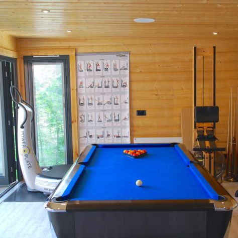 Garden Rooms | Norwegian Log Pool Table Shed Ideas, Backyard Gameroom Shed, Outdoor Games Room And Bar, Outdoor Games Room Ideas, Summer House Games Room, Outdoor Games Room, Shed Game Room, Cool Shed Ideas, Sesh Shed Ideas