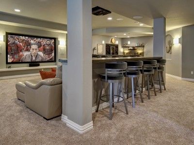 Dream Basement, Transitional Basement, Basement Layout, Basement Decoration, Man Cave Basement, Basement Living Rooms, Basement Renovation, Diy Basement, Small Basements