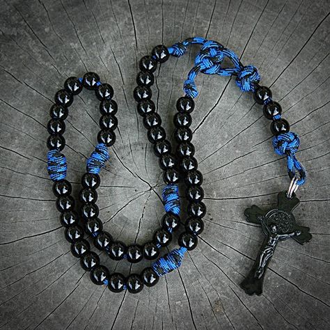 Blue and Black Military Inspired Paracord St. Benedict Rosary from Rugged Rosaries by CordBands Paracord Rosary Diy, Spiritual Blue Rosary With 108 Beads, Rugged Rosary, Knotted Rosary, Paracord Necklace, Diy Braided Bracelet, Paracord Rosary, Knights Of Columbus, Sacred Jewelry