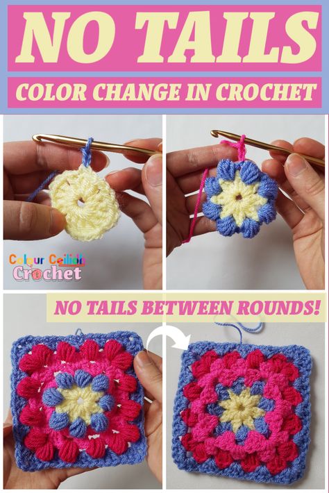 In this No Tails Color Change In Crochet tutorial you will learn exactly how to change color in crochet leaving no yarn tails to weave in at the end between rounds, rows or stripes. This method dramatically reduces the time you spend weaving in the ends because you’ll only have one end left for every motif or two ends say per stripy blanket. Change Colors In Crochet, Colourful Crochet, Crochet Stitches Guide, Crochet Daisy, Yarn Tail, Granny Square Crochet Pattern, Single Crochet Stitch, Crochet Stitches Tutorial, Crochet Squares