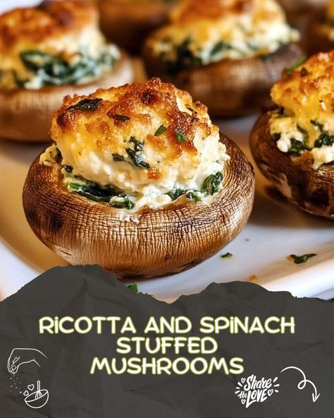 Creamy Ricotta and Spinach-Stuffed Mushrooms - Luscious Recipes Ricotta Recipes Healthy, Weeknight Dinners Healthy, Healthy Stuffed Mushrooms, Stuffed Mushrooms Vegetarian, Spinach Souffle, Fruit Leather Recipe, Stuffed Mushrooms Easy, Dinners Healthy, Mushroom Appetizers