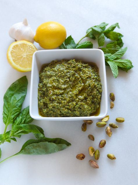 Pistachio Mint Pesto - Flavorful fresh herb sauce with mint, roasted garlic, basil, lemon & parmesan via @toriavey Basic Pesto Recipe, Herb Pesto, 1500 Calorie Diet, Mint Pesto, Pistachio Pesto, Herb Sauce, Lemon Basil, Kosher Recipes, Pesto Recipe