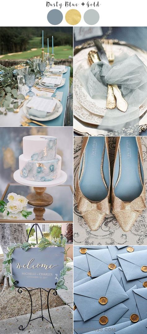 Dusty Blue And Gold Wedding, Blue And Gold Wedding, Blue Gold Wedding, Wedding Color Ideas, Gold Wedding Colors, Dusty Blue Wedding, Blue Themed Wedding, Sage Green Wedding, Wedding Colors Blue