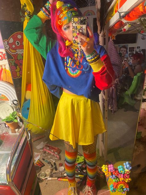 Colorful Kidcore Outfits, 80s Arcade Outfit, Pastel Rainbow Aesthetic Outfit, Rainbow Clown Outfit, Technicolor Outfit, Kidcore Clothes Aesthetic, Arcadecore Aesthetic Outfit, Kidcore Style Outfits, Bardcore Outfit