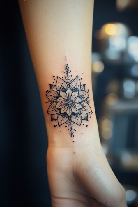 Beautify Your Wrist With 13 Mandala Tattoo Ideas - NeedleStar Tattoo That Symbolizes Healing, Medallion Tattoos For Women, Flower Tatoos Woman, Flowers And Mandala Tattoo, Mandala Cuff Tattoo, Womens Wrist Tattoos, Small Henna Tattoo Ideas, Mandala Tattoo Forearm, Ganesha Tattoo Mandala