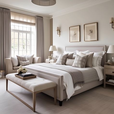 Woodmancote Family Home, The Cotswolds  A more neutral palette was employed in the Guest Bedroom and En-suite, with optimal layering and textures ensuring a space for comfort and rejuvenation.  “Pale Smoke Grey” paint @edwardbulmerpaint was used on the walls, creating a calm cocooning space for rest and relaxation.  The Guest En-Suite features a deep bath called “York”, sourced through @vitoria_albert_baths   #sustainabledesign #timelessinteriors #guestsuite #cotswoldhomes #cotswoldliving Pale Grey Bedroom, Oatmeal Colour Bedroom, Taupe Bedroom Panelling, Egyptian Cotton Bedroom Colour, Egyptian Cotton Panelling Bedroom, Cream Superking Bed, Parents Room, Timeless Interior, Classy Bedroom